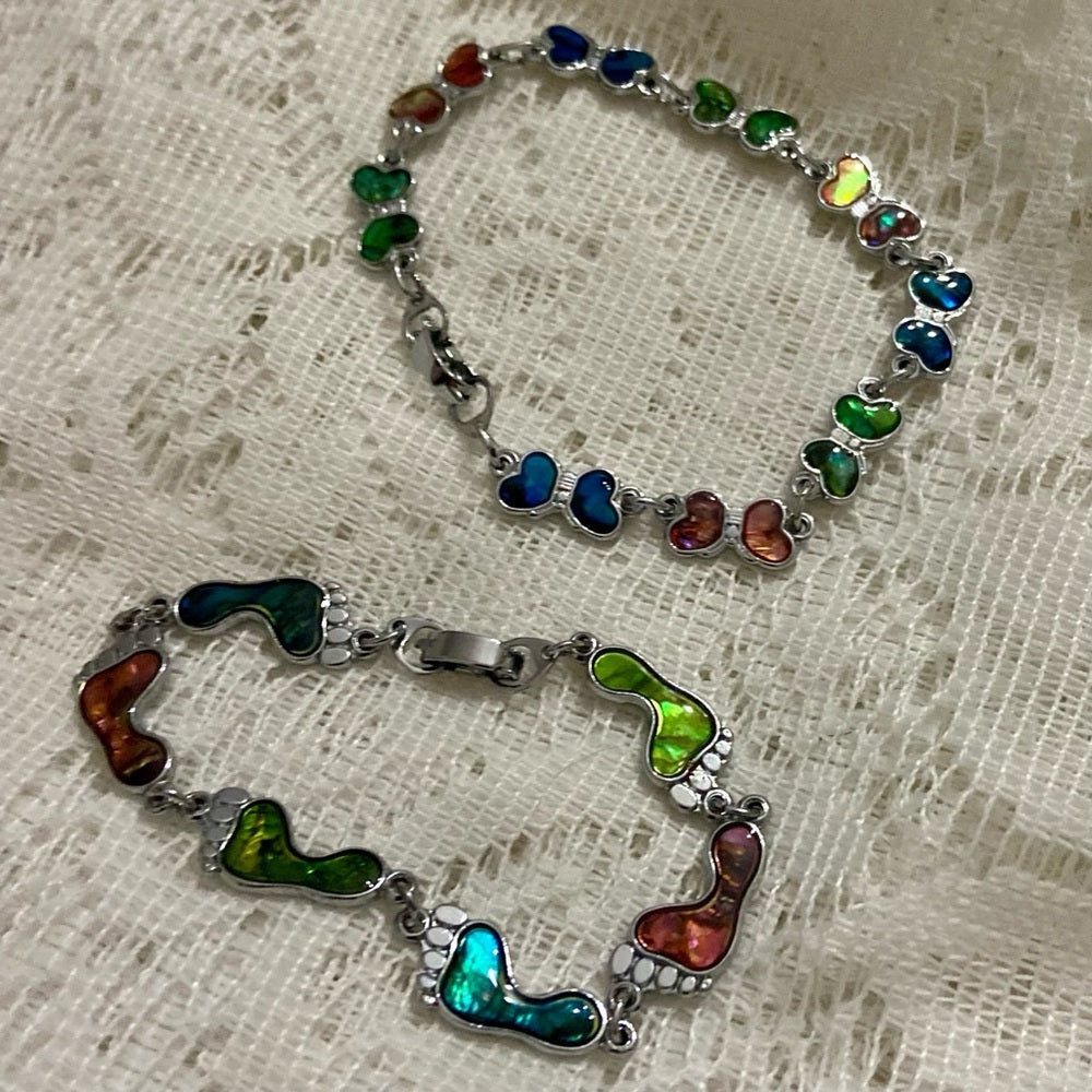 Lot of 3 Vintage Silver Tone Abalone Bracelets- Butterfly, Footprints and Dolphi