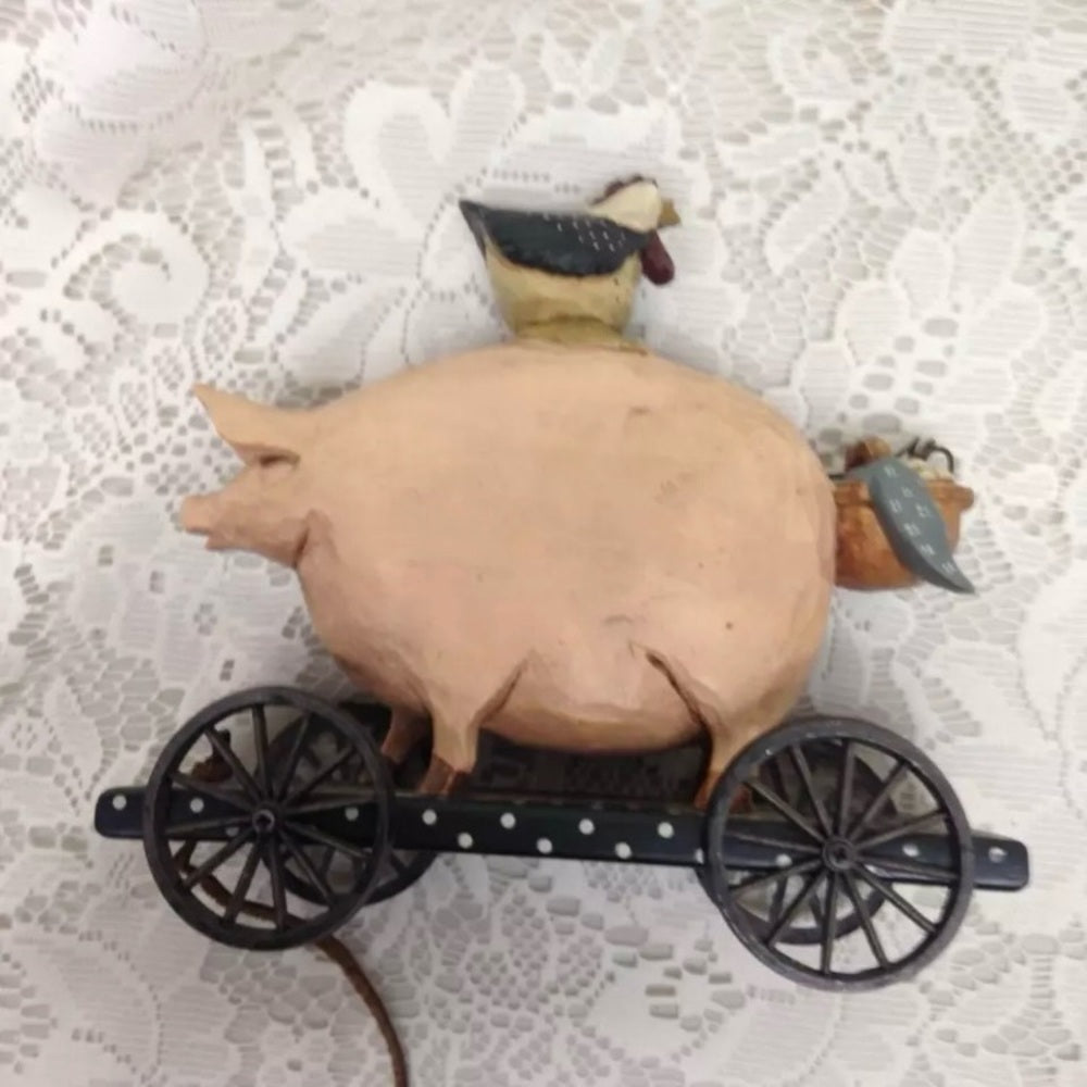 Vintage, 1996 Willrays Studio Piggy and Hen Pull Toy 6in x 6in x 3in