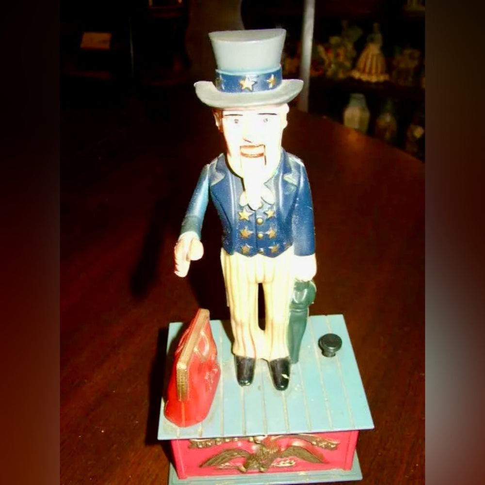 Vintage, Rare, Plastic, Uncle Sam Mechanical Bank with Orig. Box
