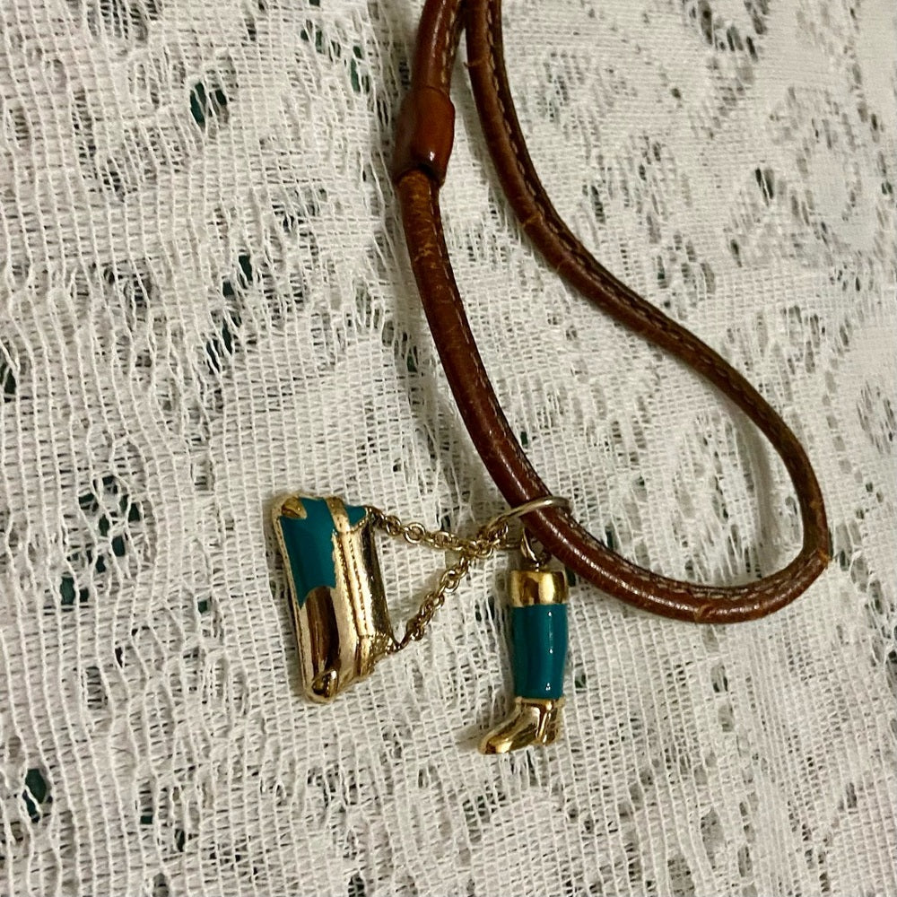 Vintage, Authentic Gucci 8-inch Brown Leather Teal Blue Handbag and Boots Charm