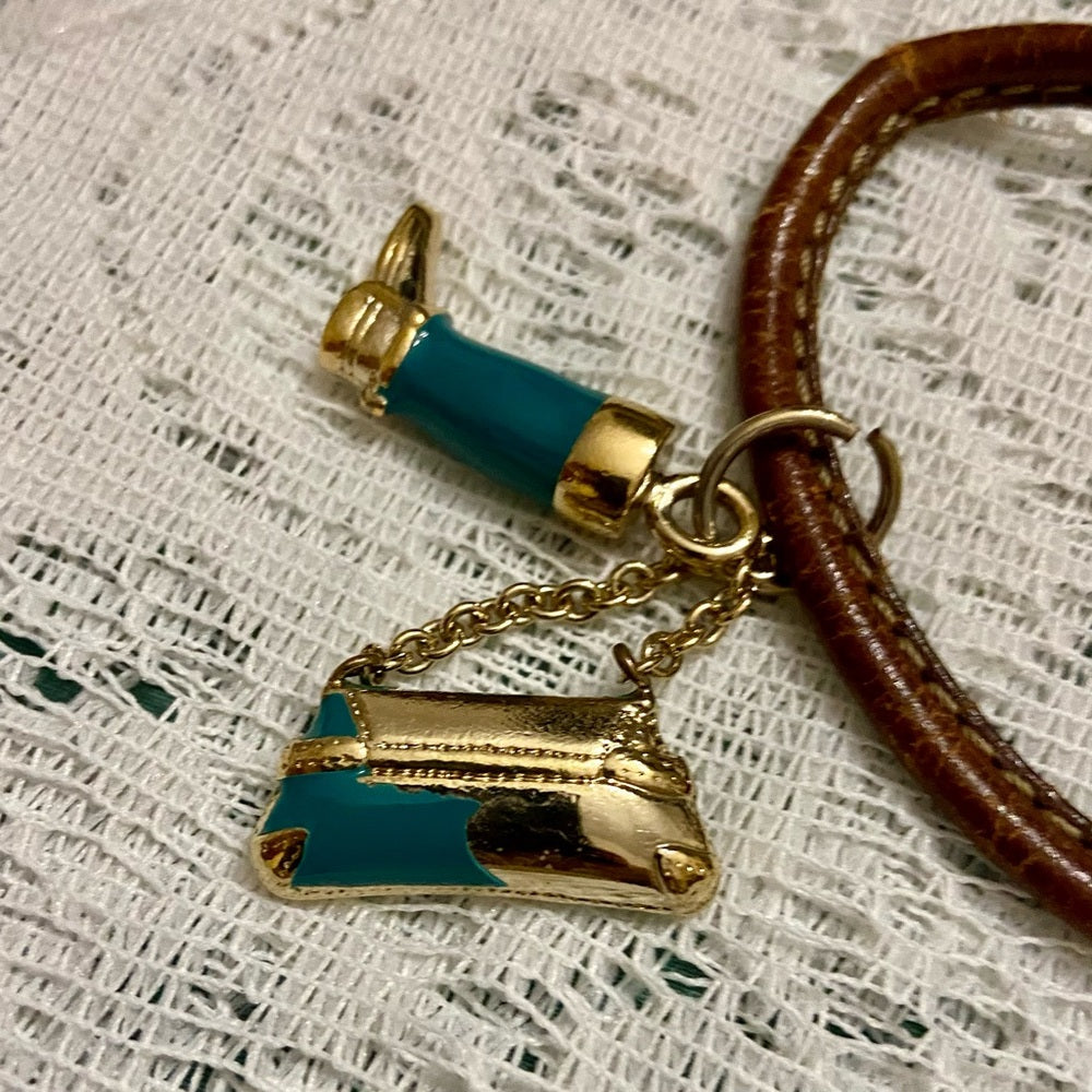 Vintage, Authentic Gucci 8-inch Brown Leather Teal Blue Handbag and Boots Charm