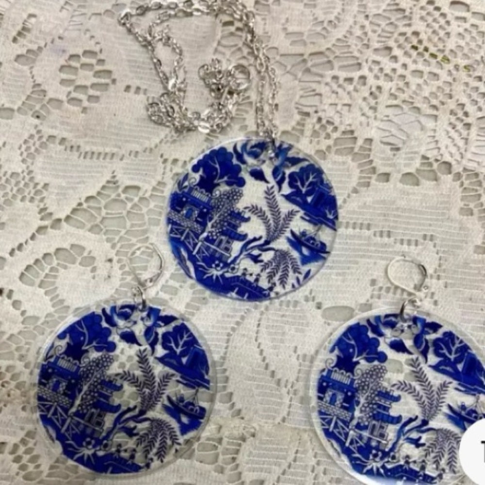 Blue Willow 3-pc Dangling Earrings and Pendant Necklace Set