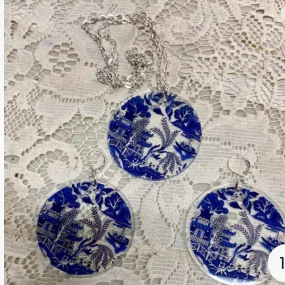 Blue Willow 3-pc Dangling Earrings and Pendant Necklace Set