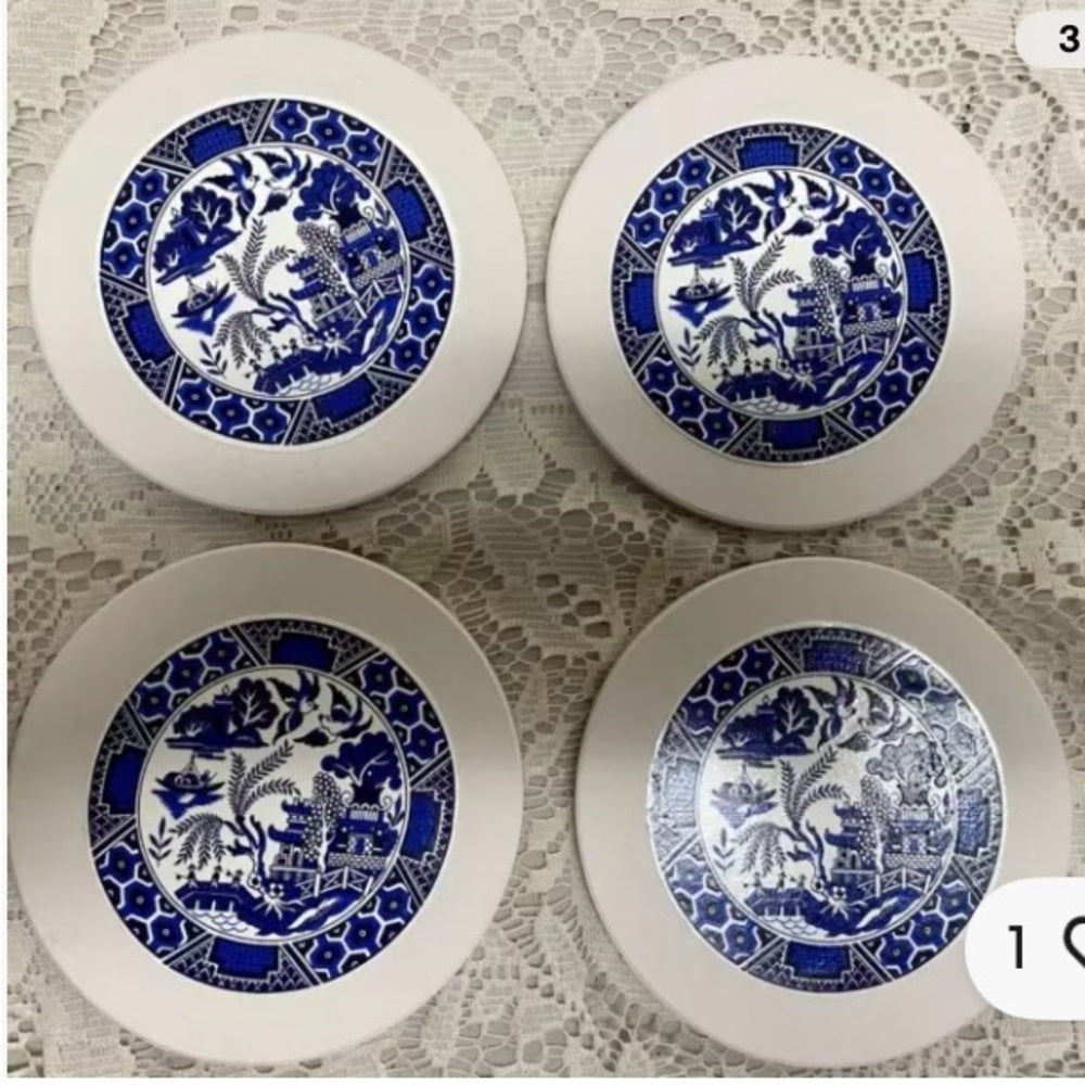 4pc Blue Willow Heavy Ceramic Coasters 4in D.