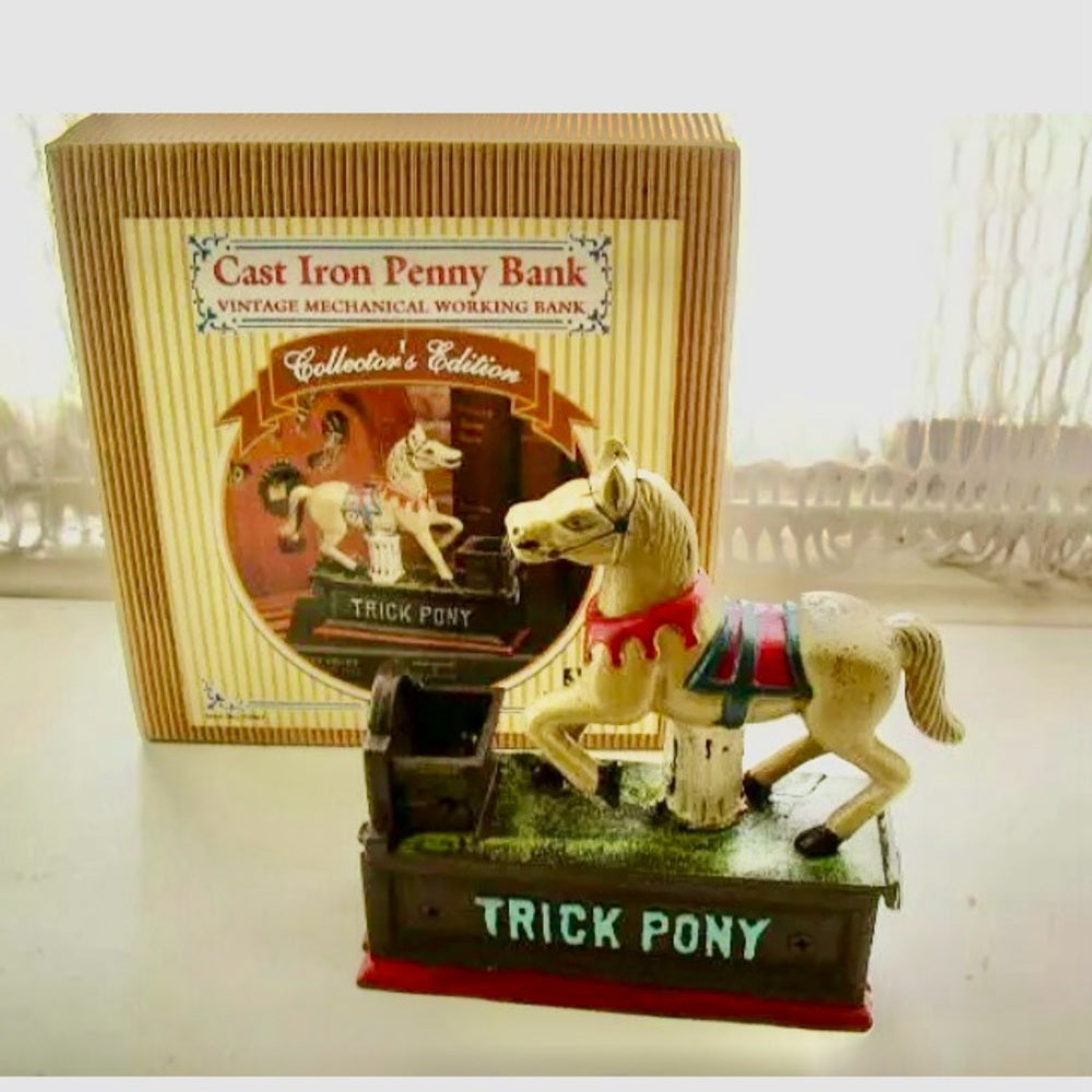 Vintage, Collector’s Edition Cast Iron Trick Pony Mechanical Bank in Orig. Box