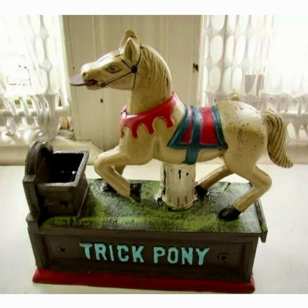 Vintage, Collector’s Edition Cast Iron Trick Pony Mechanical Bank in Orig. Box