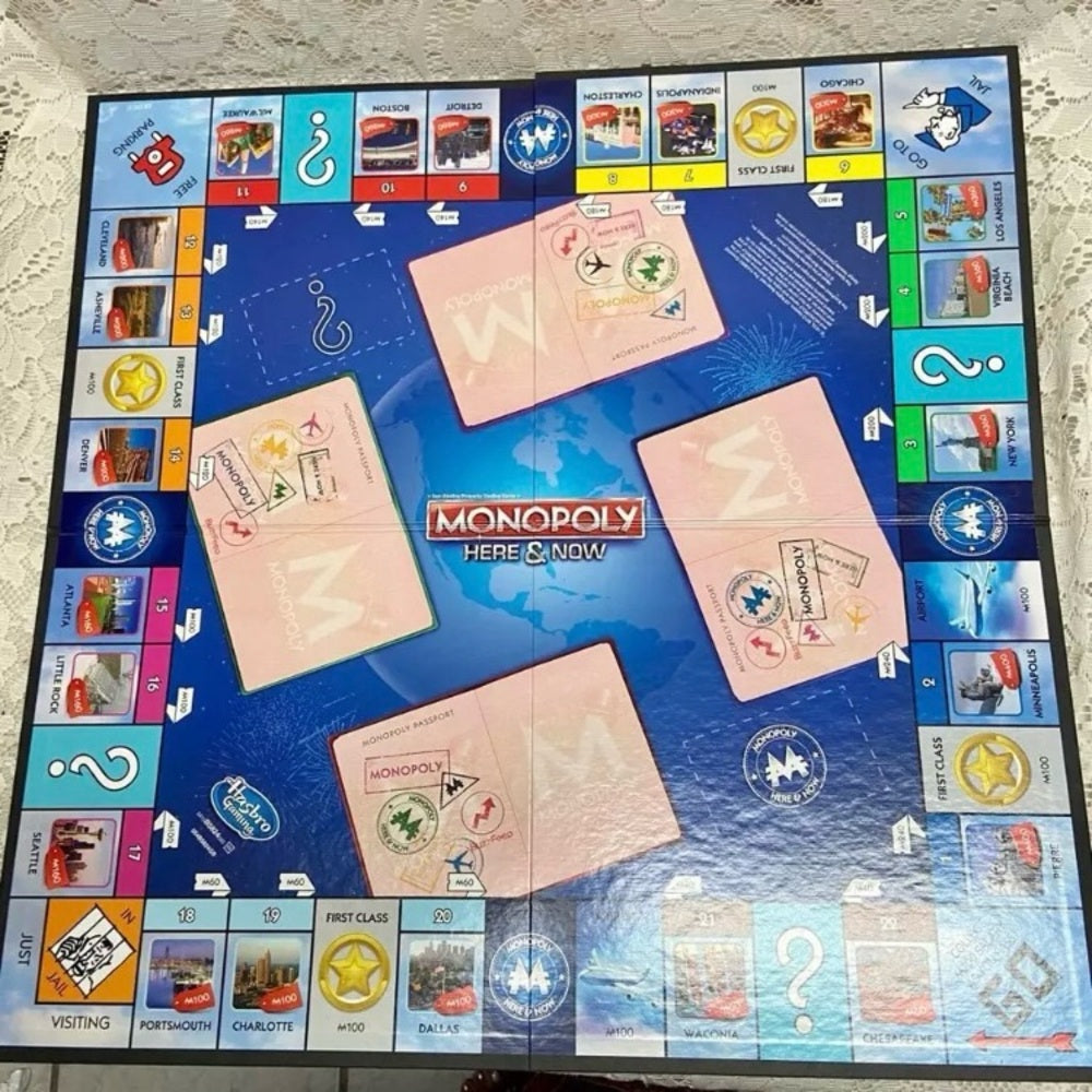 Vintage, Complete Monopoly Here and Now- Board Game - 12in Sq.