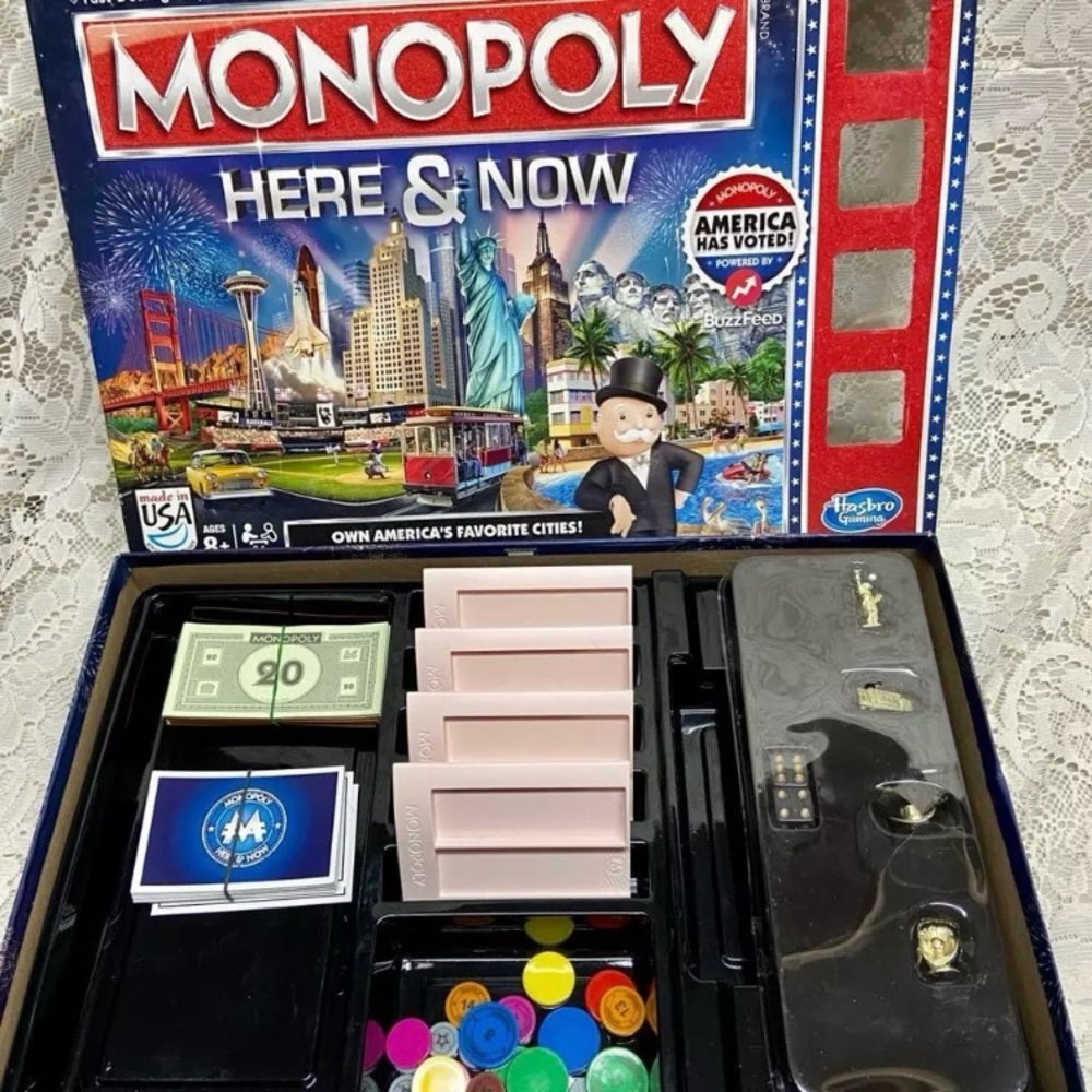 Vintage, Complete Monopoly Here and Now- Board Game - 12in Sq.