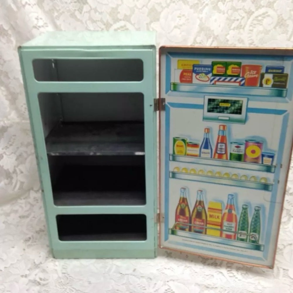 Vintage Nasau Tin Childs Toy Refrigerator 15in x 7.5in x 6.5in(J0821) This is a