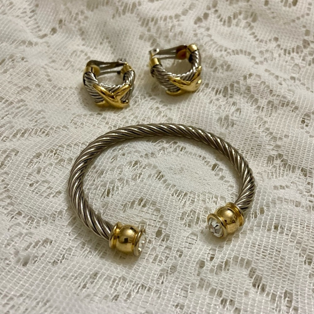 Lot of 2 Vintage, Braided Silver -Gold Cuff Bangles with matching Earrings