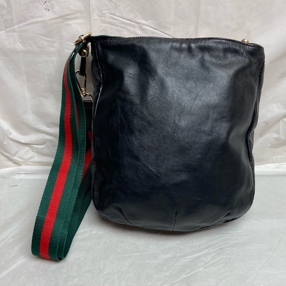 Vintage Gucci Italy Black Leather Drawstring Pouch w/Sherry Line Crossbody Strap