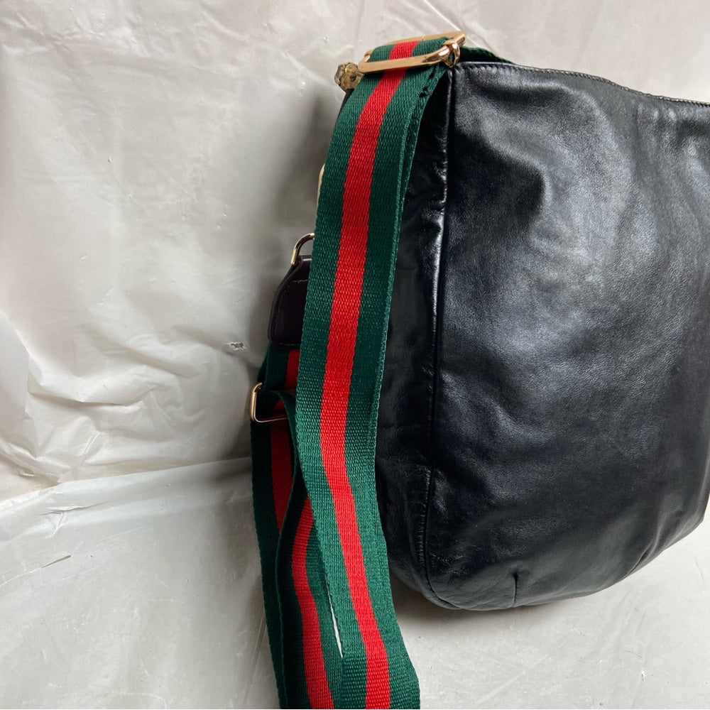 Vintage Gucci Italy Black Leather Drawstring Pouch w/Sherry Line Crossbody Strap
