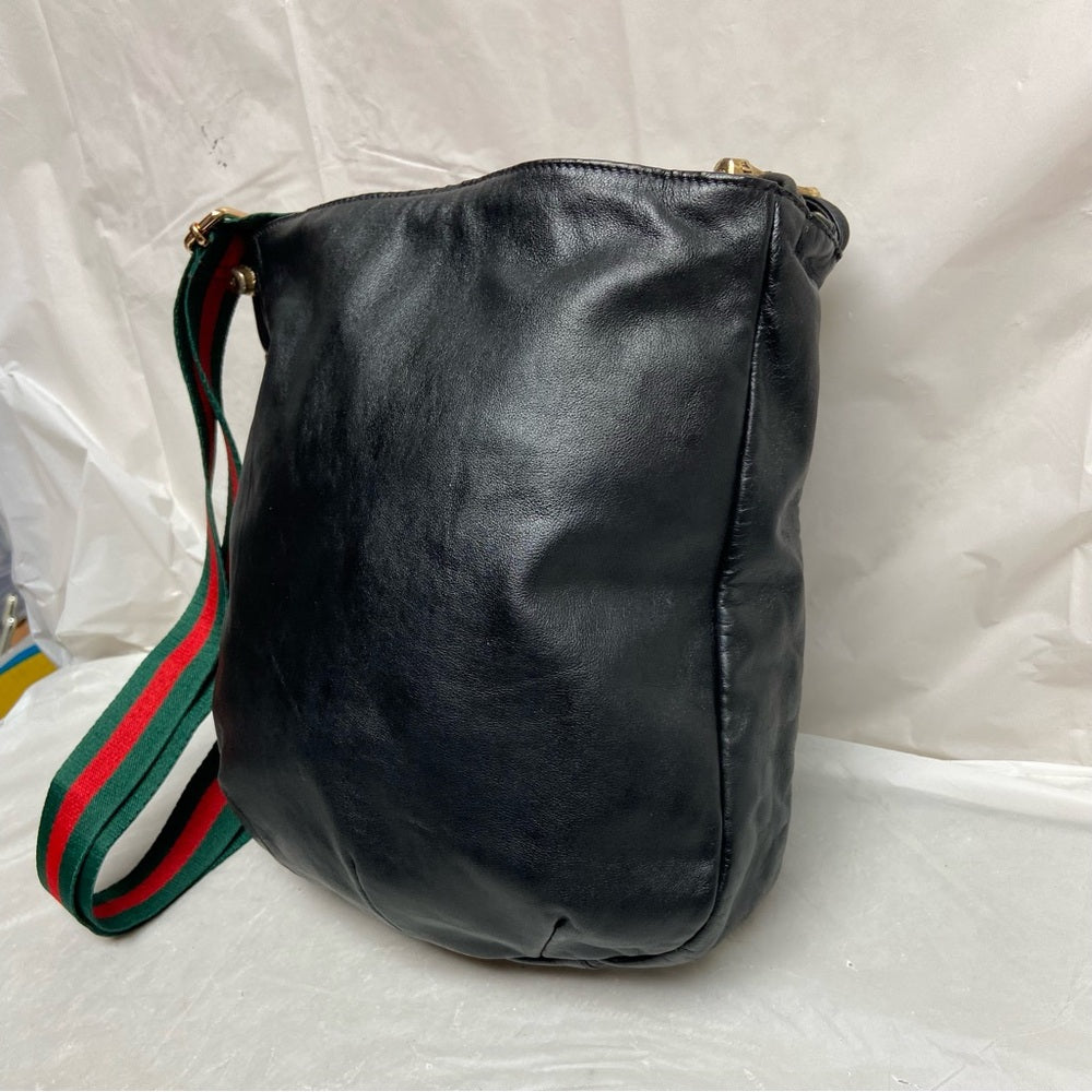 Vintage Gucci Italy Black Leather Drawstring Pouch w/Sherry Line Crossbody Strap