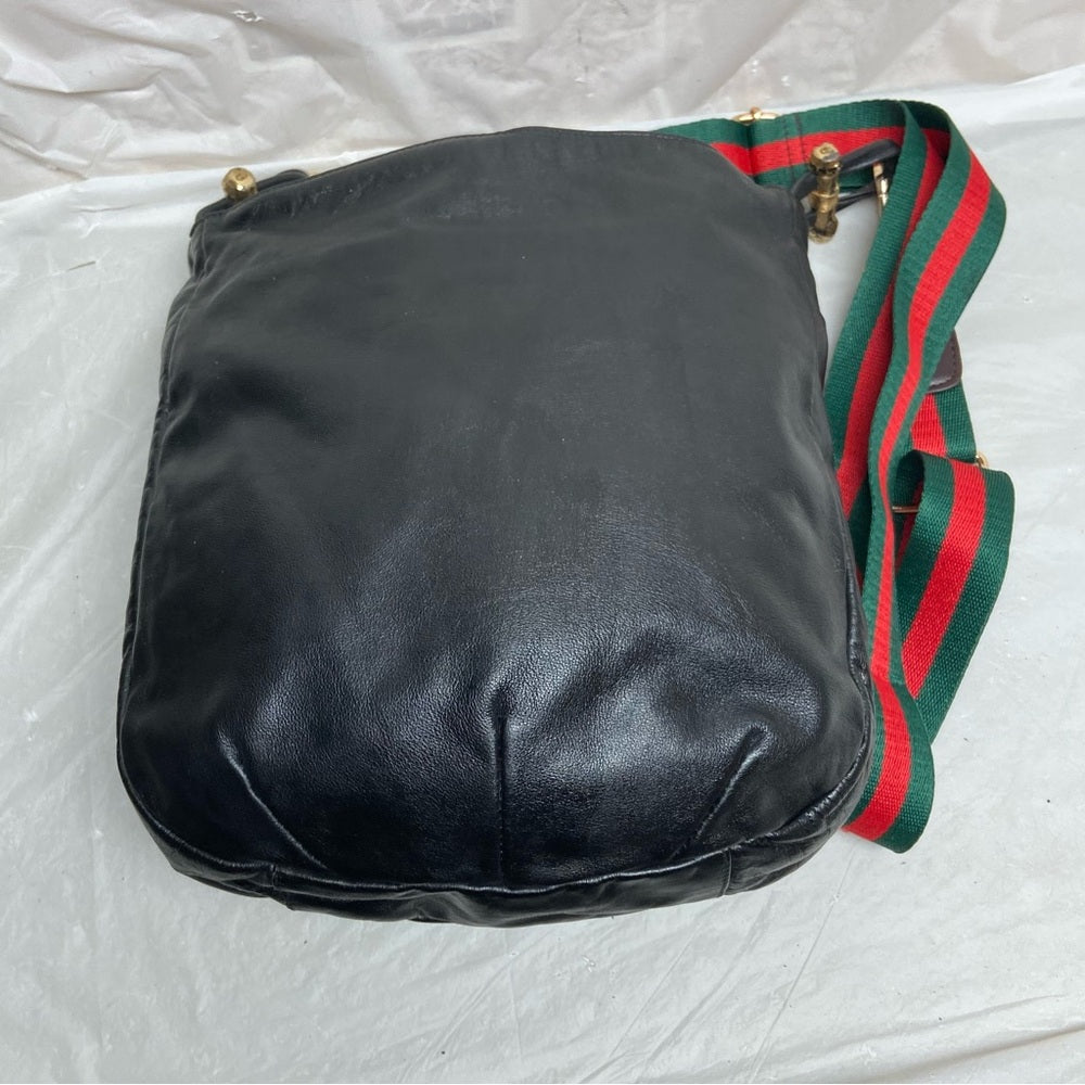 Vintage Gucci Italy Black Leather Drawstring Pouch w/Sherry Line Crossbody Strap