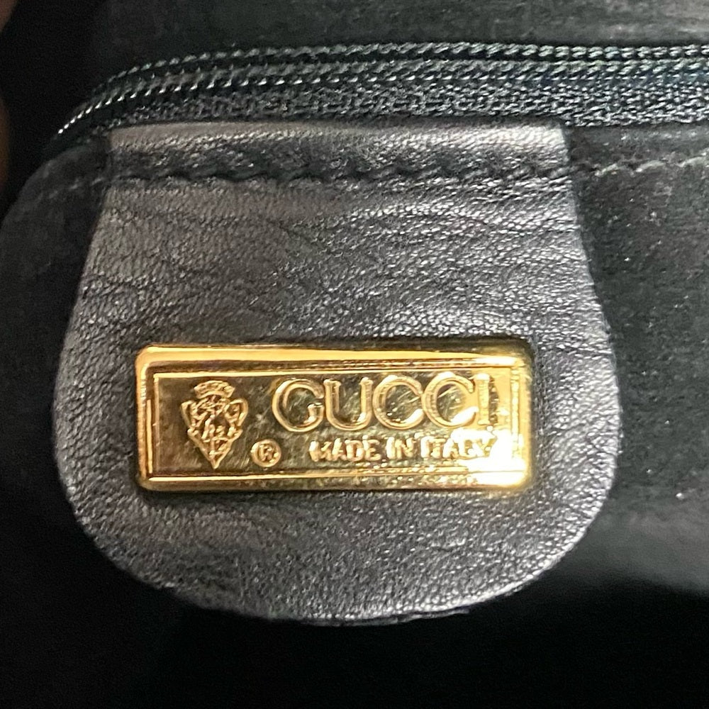 Vintage Gucci Italy Black Leather Drawstring Pouch w/Sherry Line Crossbody Strap
