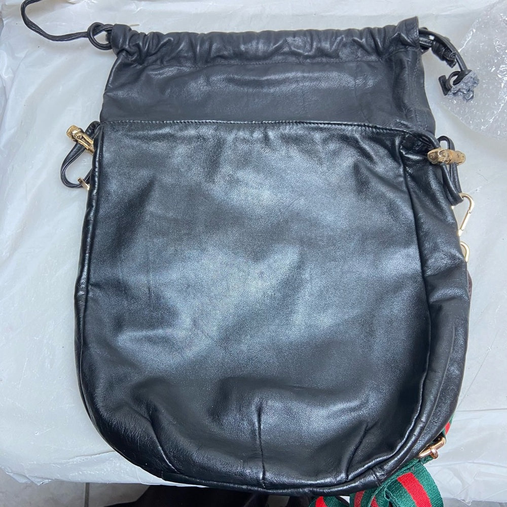 Vintage Gucci Italy Black Leather Drawstring Pouch w/Sherry Line Crossbody Strap
