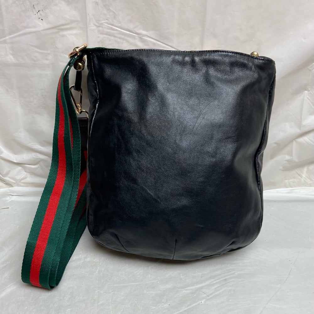 Vintage Gucci Italy Black Leather Drawstring Pouch w/Sherry Line Crossbody Strap