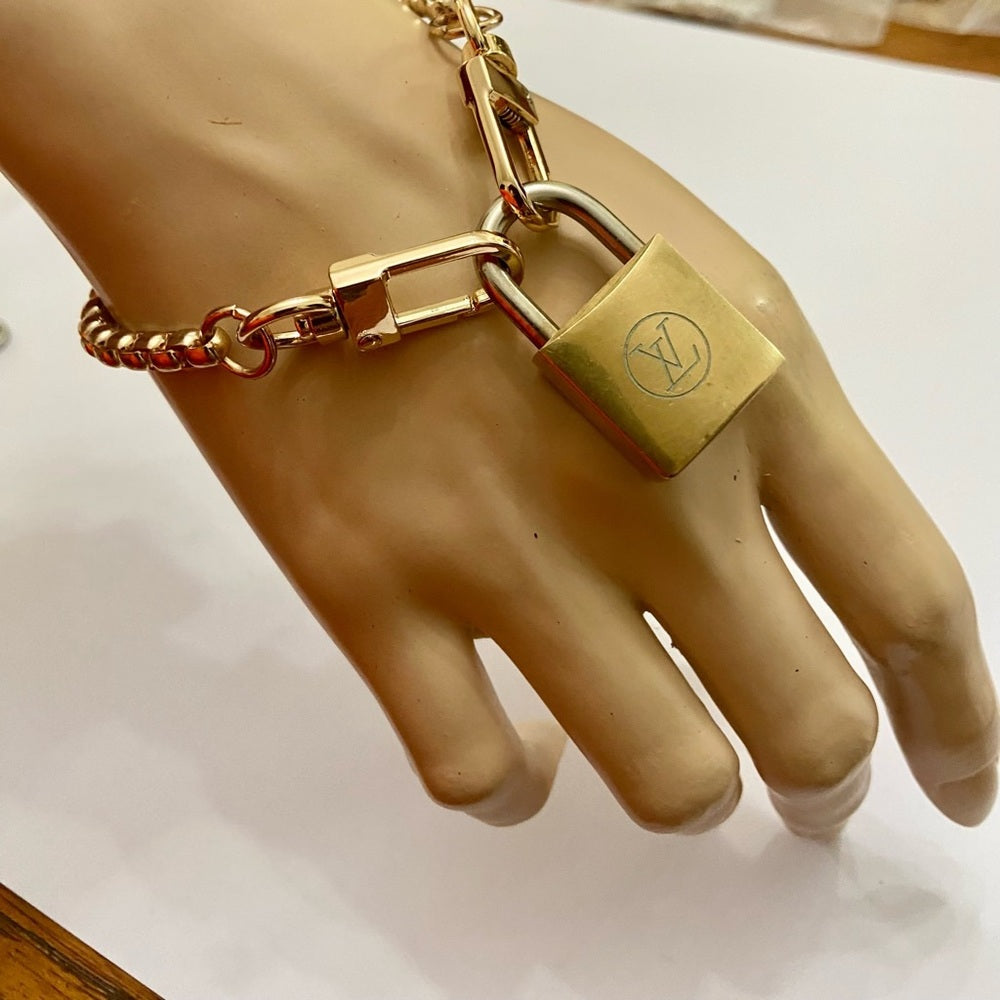 Vintage, Louis Vuitton Brass Padlock with 7-8in Gold Tone Chain Bracelet…