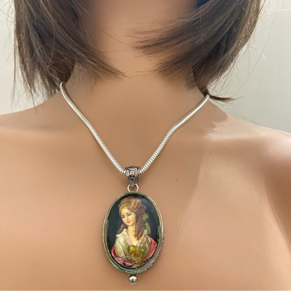 Antique Cameo, Miniature Painting on Black Glass Pendant Necklace