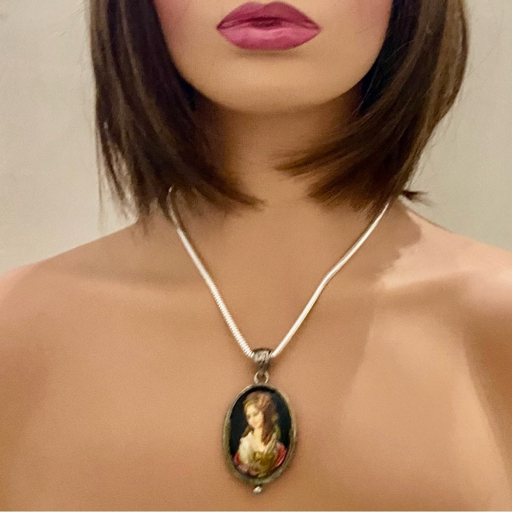 Antique Cameo, Miniature Painting on Black Glass Pendant Necklace