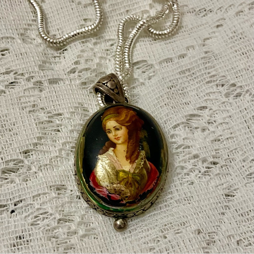Antique Cameo, Miniature Painting on Black Glass Pendant Necklace