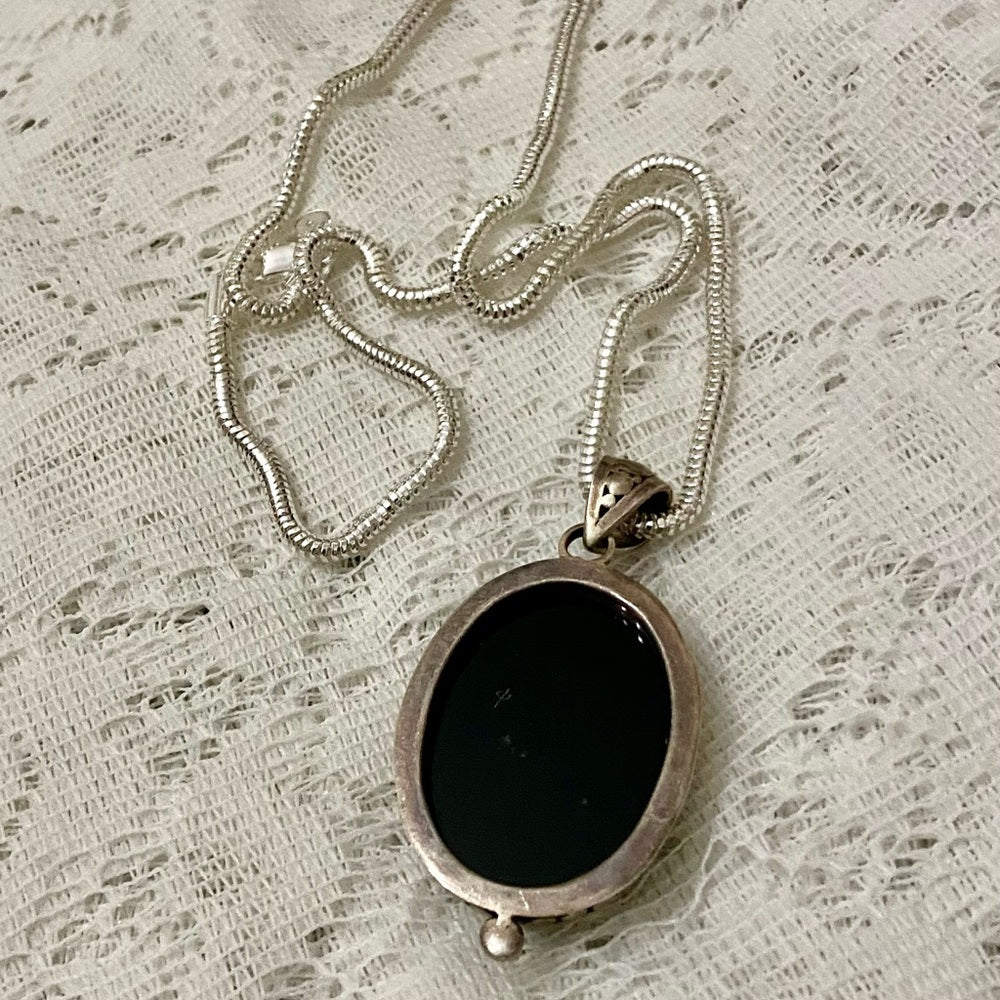Antique Cameo, Miniature Painting on Black Glass Pendant Necklace