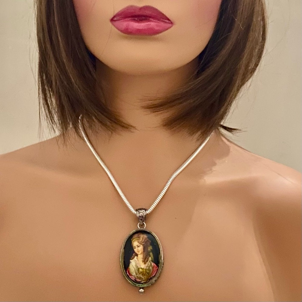 Antique Cameo, Miniature Painting on Black Glass Pendant Necklace