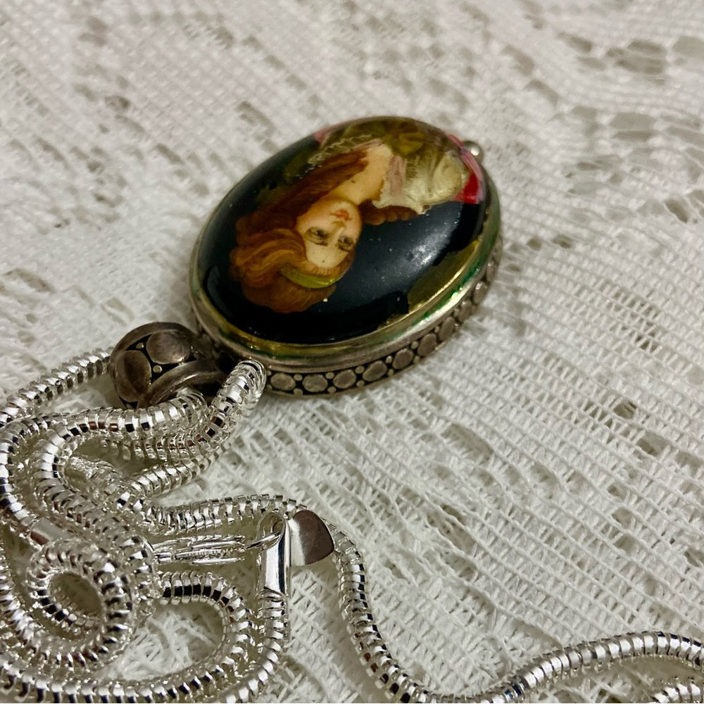 Antique Cameo, Miniature Painting on Black Glass Pendant Necklace