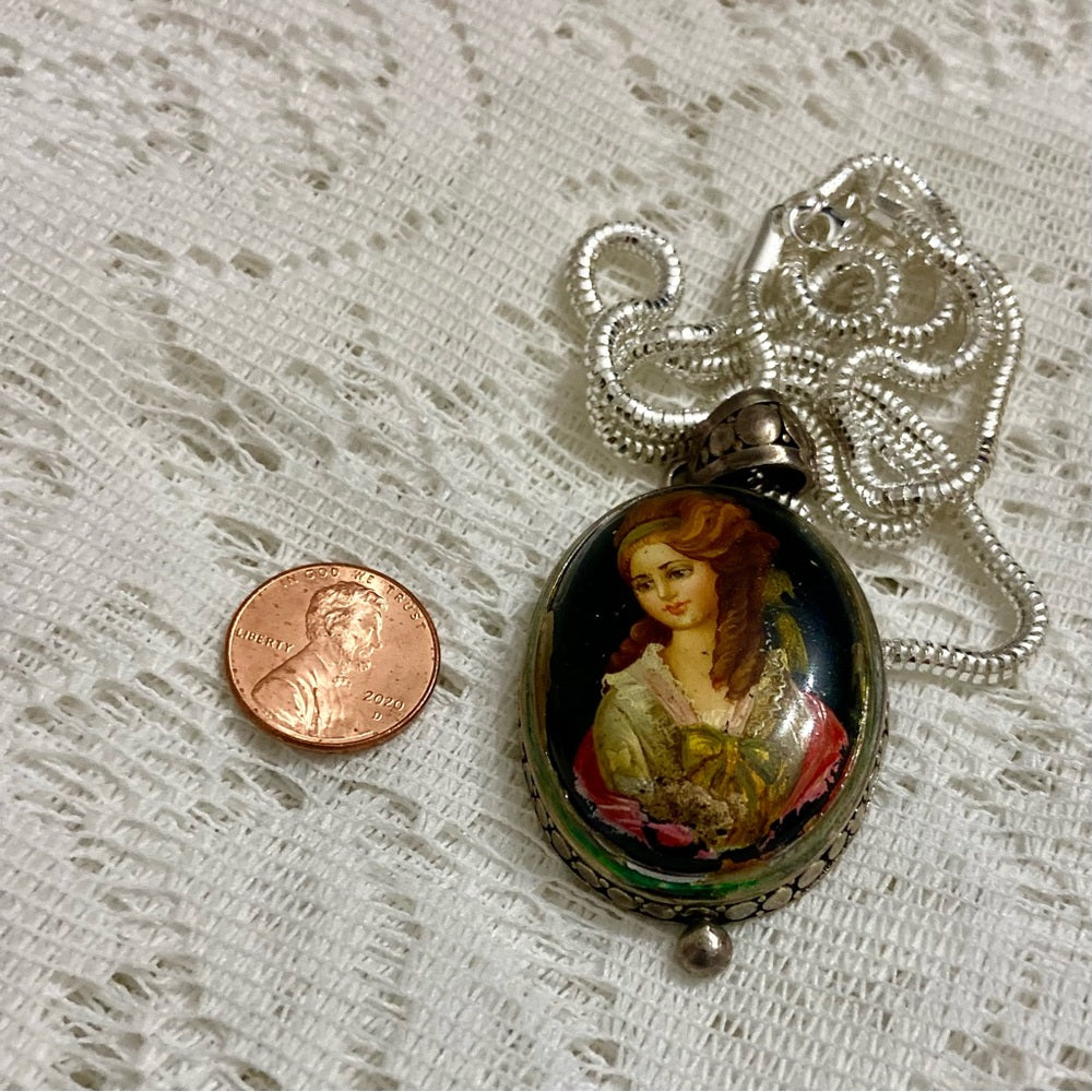 Antique Cameo, Miniature Painting on Black Glass Pendant Necklace