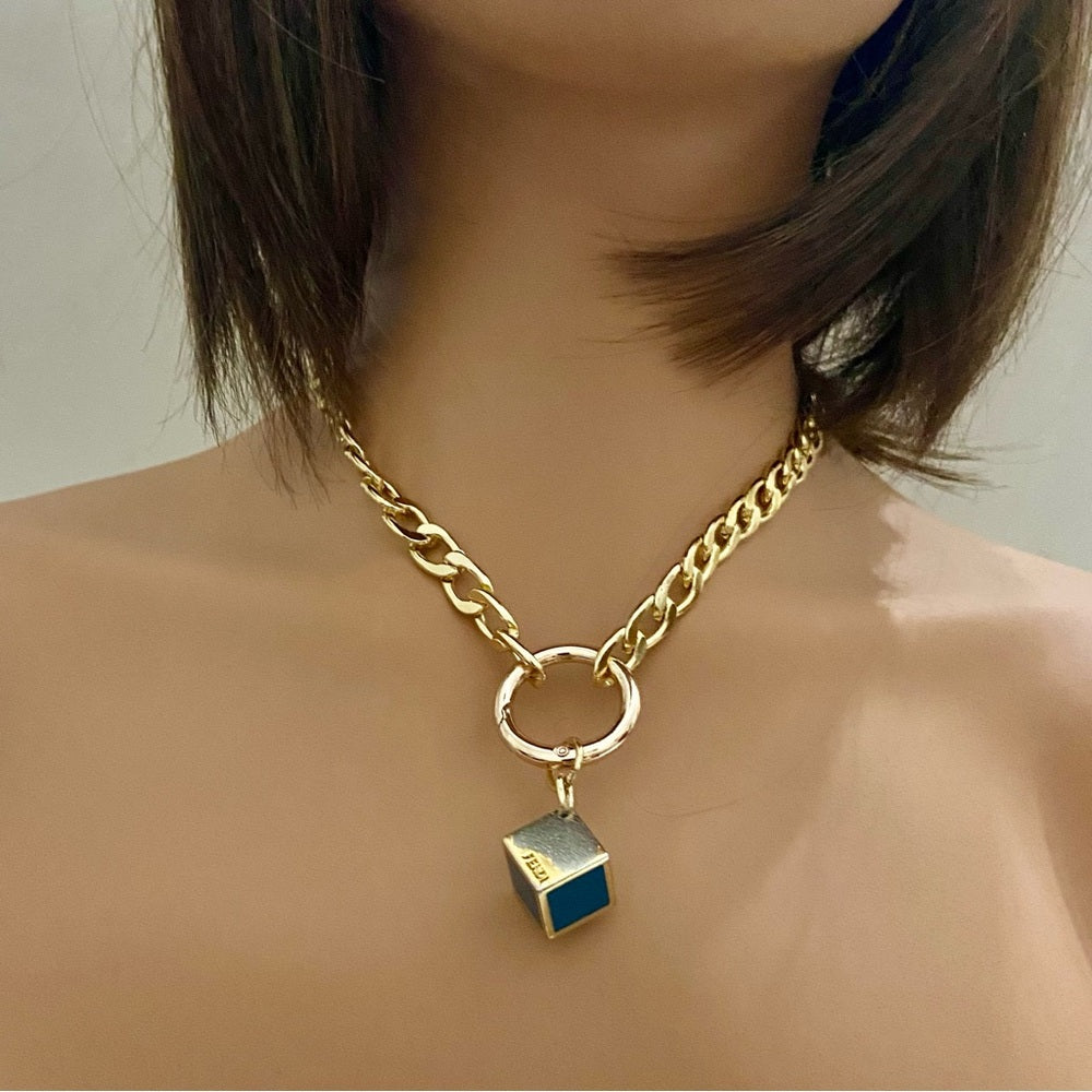 Fendi Dice Pendant Necklace with 18-inch Gold Plated Large Chain
