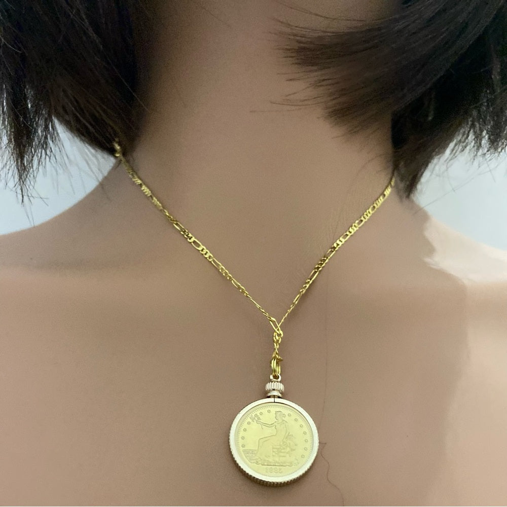 1885 Gold Plated Coin Pendant with 18-inch Gold Plated Figaro Chain Necklace