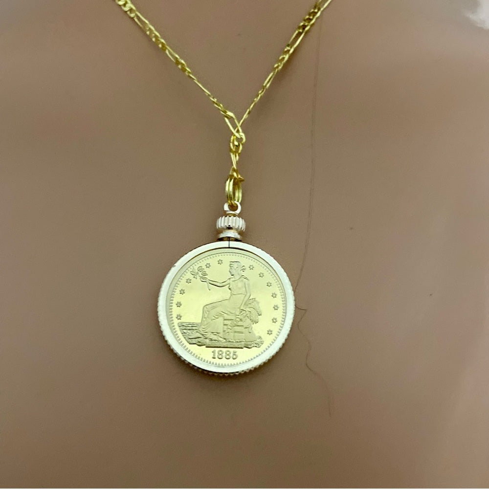 1885 Gold Plated Coin Pendant with 18-inch Gold Plated Figaro Chain Necklace