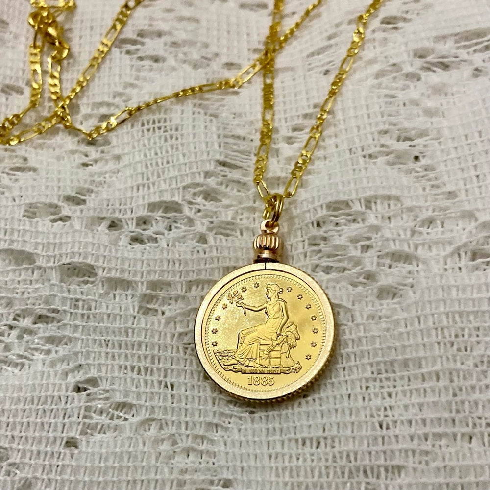 1885 Gold Plated Coin Pendant with 18-inch Gold Plated Figaro Chain Necklace