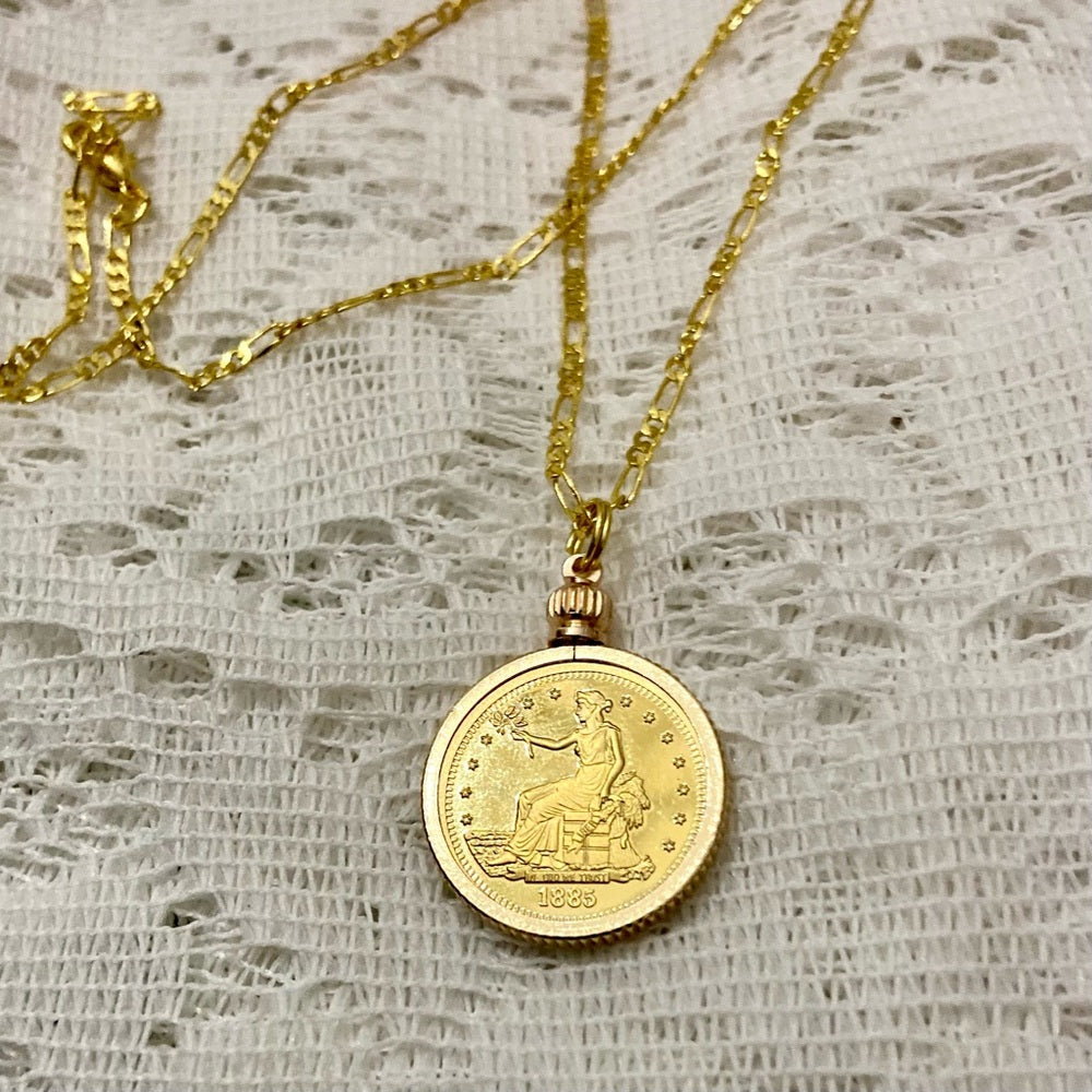 1885 Gold Plated Coin Pendant with 18-inch Gold Plated Figaro Chain Necklace