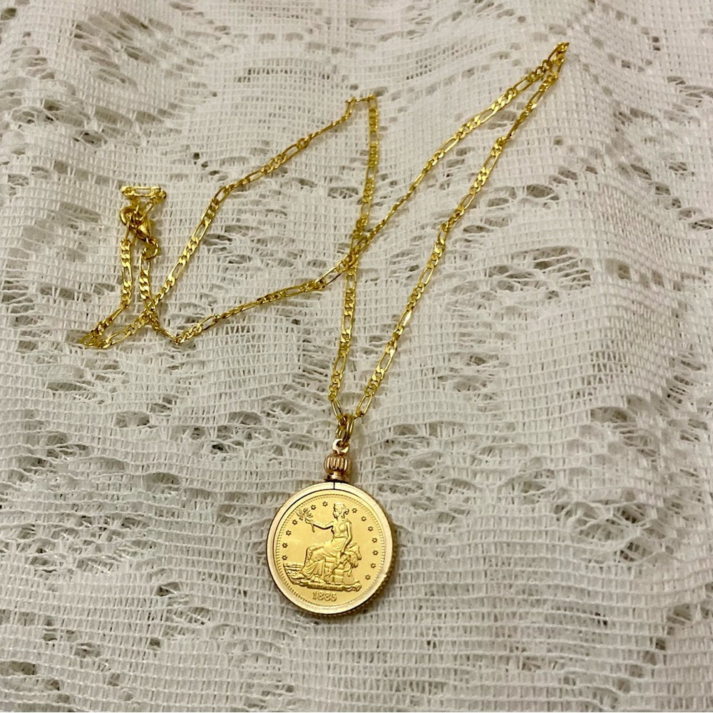 1885 Gold Plated Coin Pendant with 18-inch Gold Plated Figaro Chain Necklace