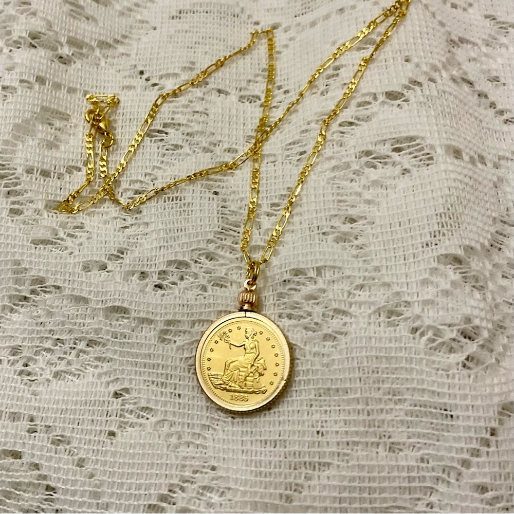 1885 Gold Plated Coin Pendant with 18-inch Gold Plated Figaro Chain Necklace