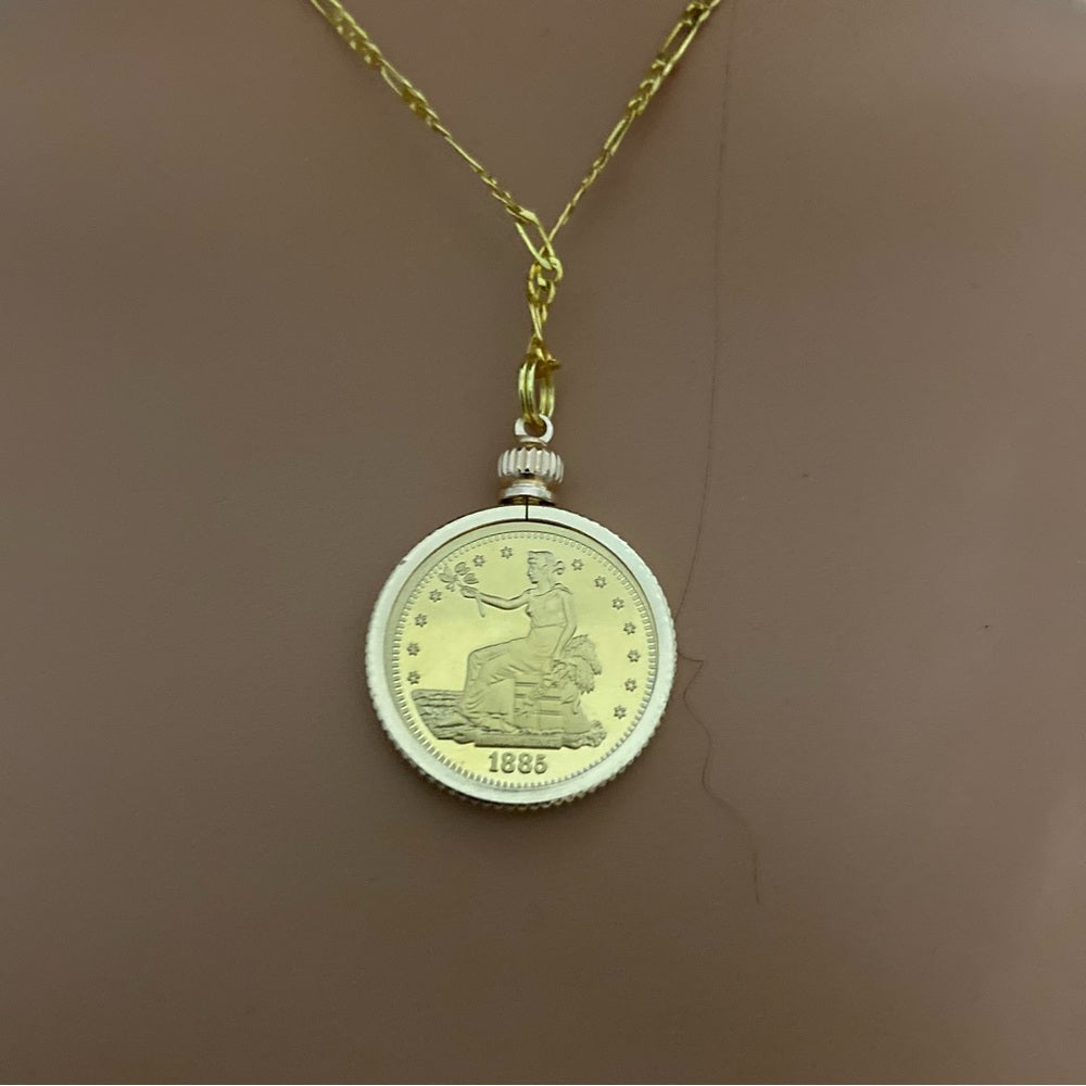 1885 Gold Plated Coin Pendant with 18-inch Gold Plated Figaro Chain Necklace
