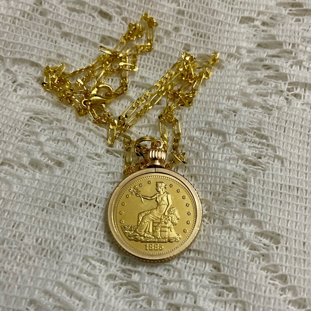 1885 Gold Plated Coin Pendant with 18-inch Gold Plated Figaro Chain Necklace