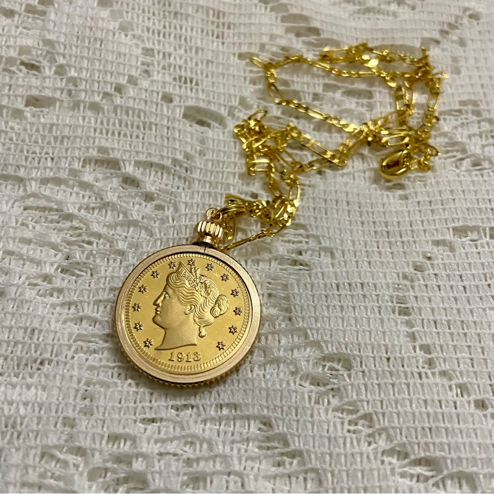 1913 Gold Plated Coin Pendant with 18-inch Gold Plated Figaro Chain Nec…