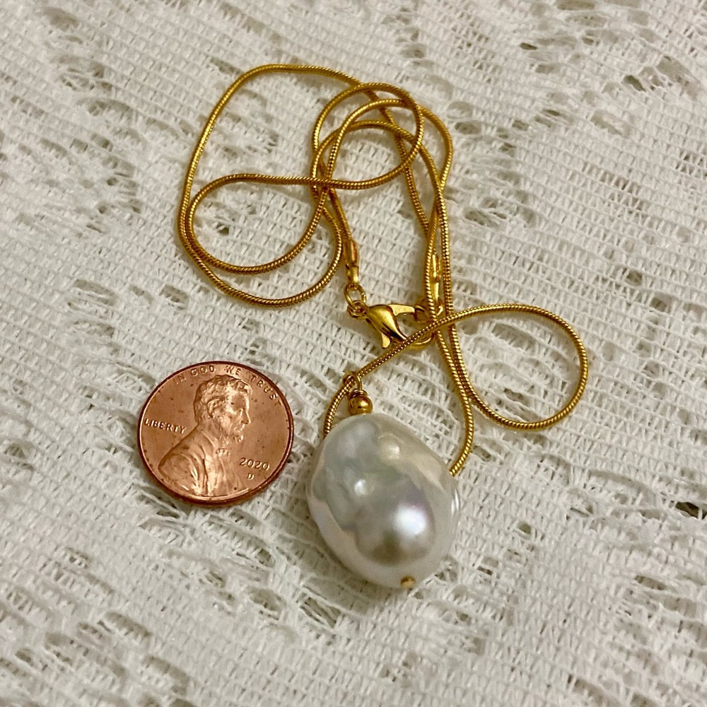 Stunning Genuine Baroque Pearl Pendant w/ 18in Gold Plated Snake Chain Necklace