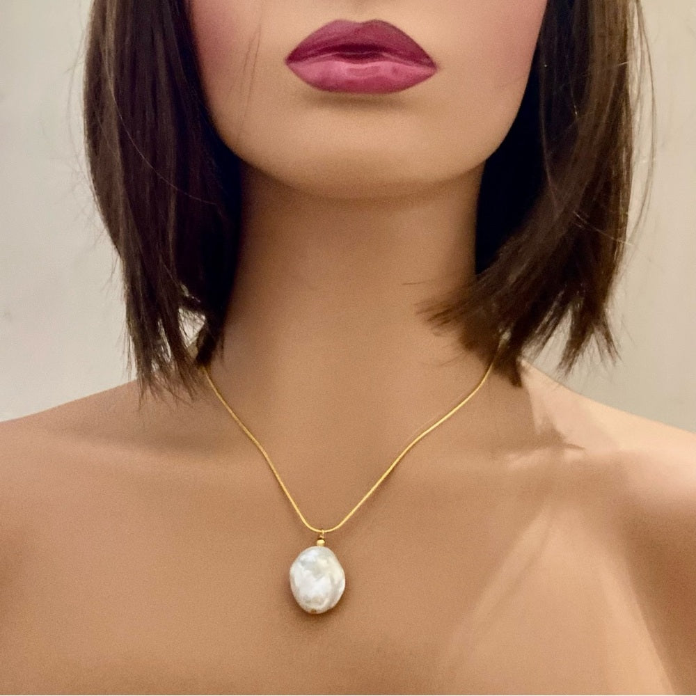Stunning Genuine Baroque Pearl Pendant w/ 18in Gold Plated Snake Chain Necklace