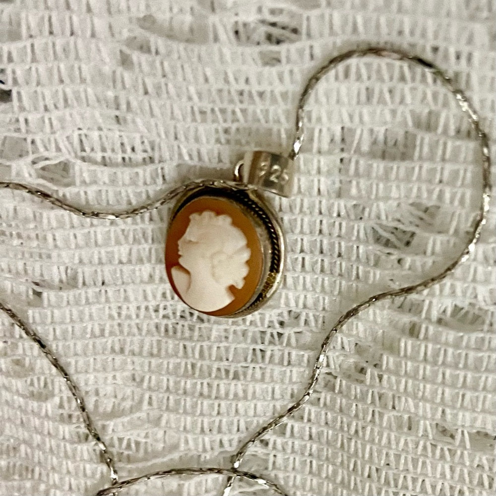 Antique Genuine Shell Cameo - Sterling Pendant w/ 16in Sterling Chain