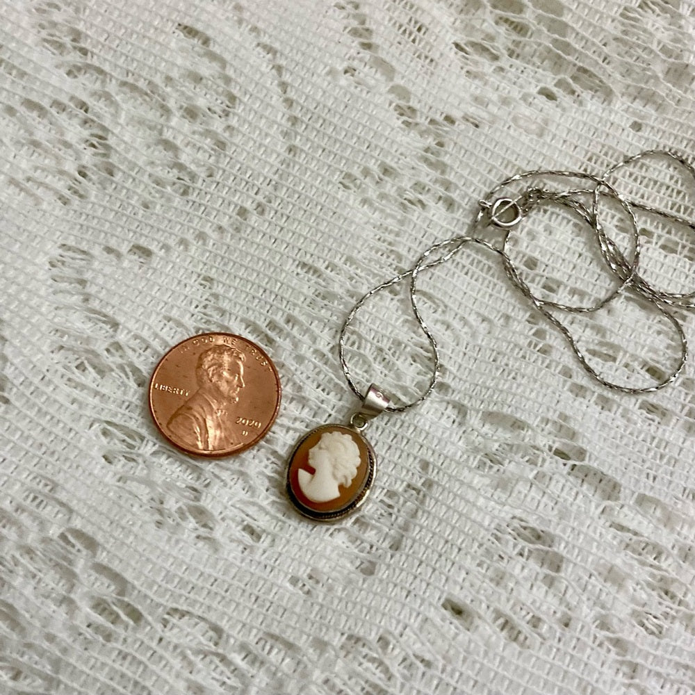 Antique Genuine Shell Cameo - Sterling Pendant w/ 16in Sterling Chain