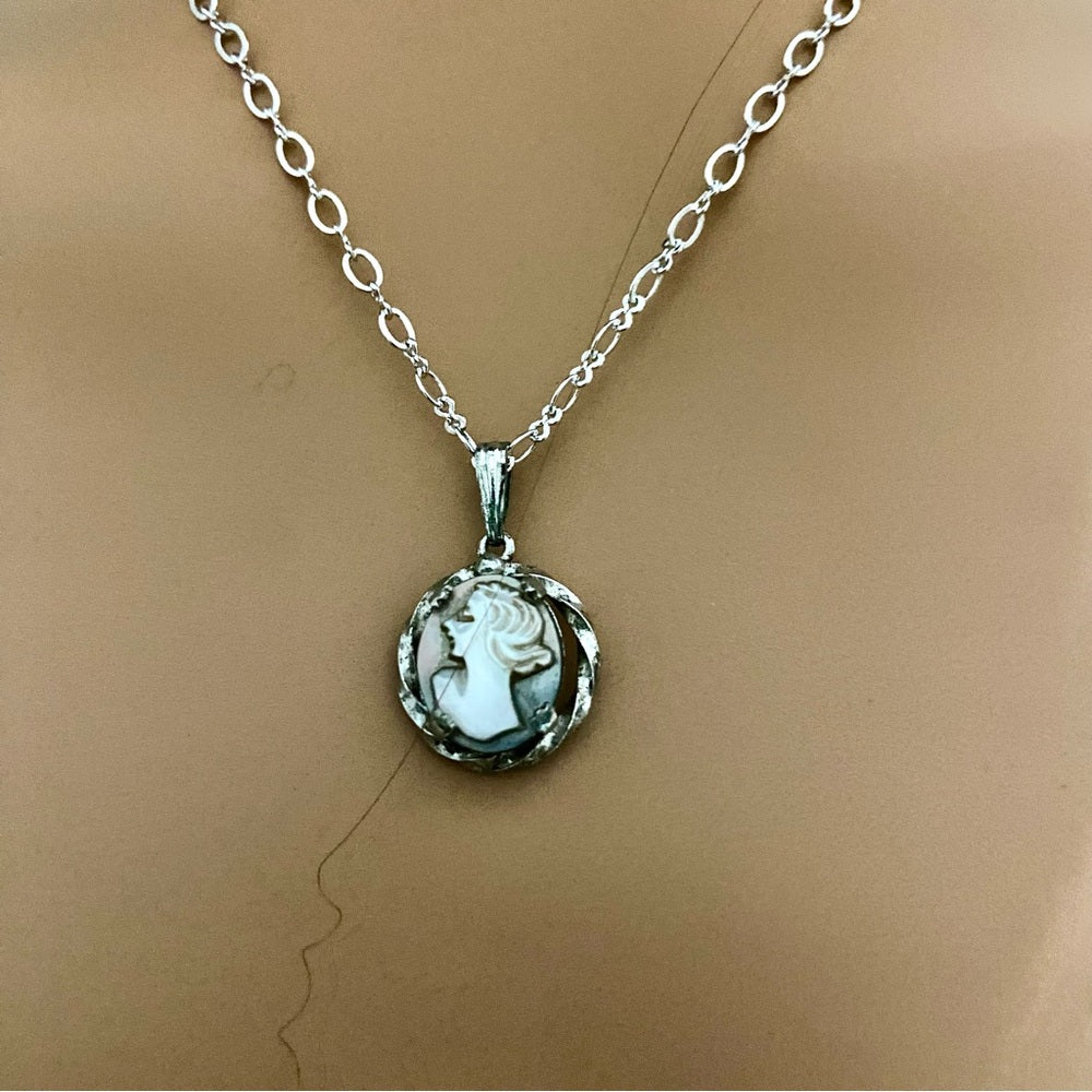 Antique Genuine Mother of Pearl Cameo - Sterling Pendant w/ 16in Sterling Chain