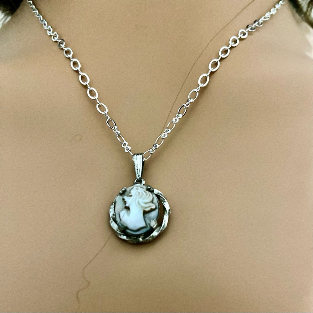 Antique Genuine Mother of Pearl Cameo - Sterling Pendant w/ 16in Sterling Chain