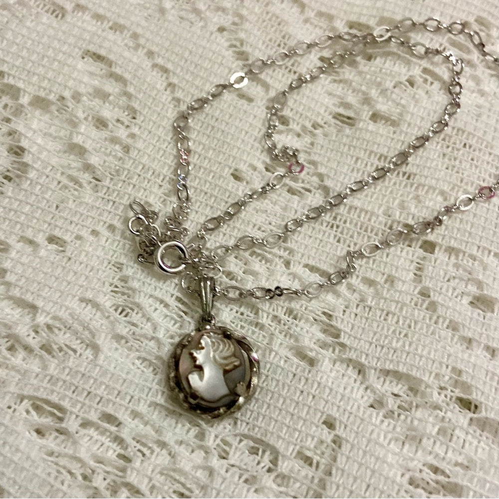 Antique Genuine Mother of Pearl Cameo - Sterling Pendant w/ 16in Sterling Chain