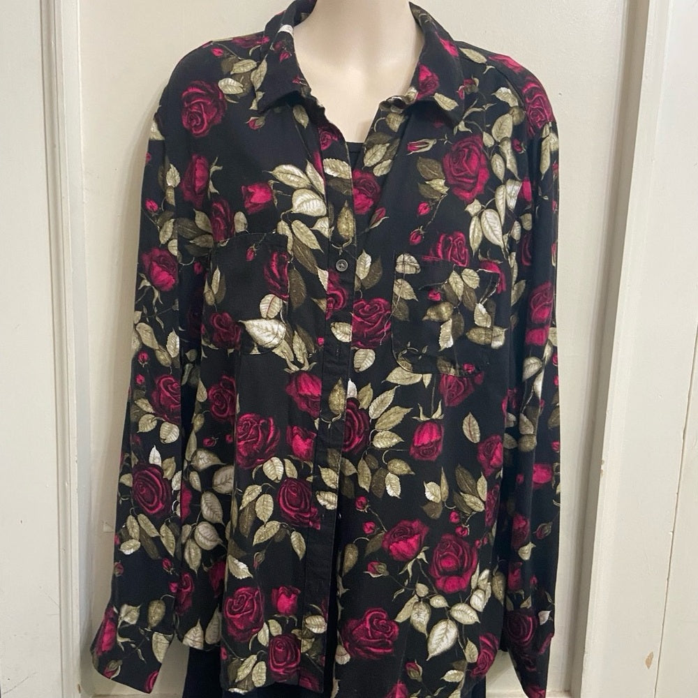 Rock & Republic, Black and Pink Floral, Long Sleeves Shirt Blouse. (L)