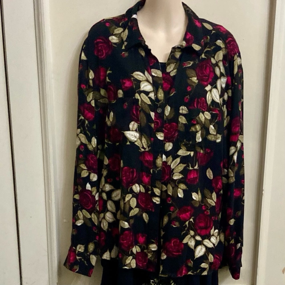Rock & Republic, Black and Pink Floral, Long Sleeves Shirt Blouse. (L)