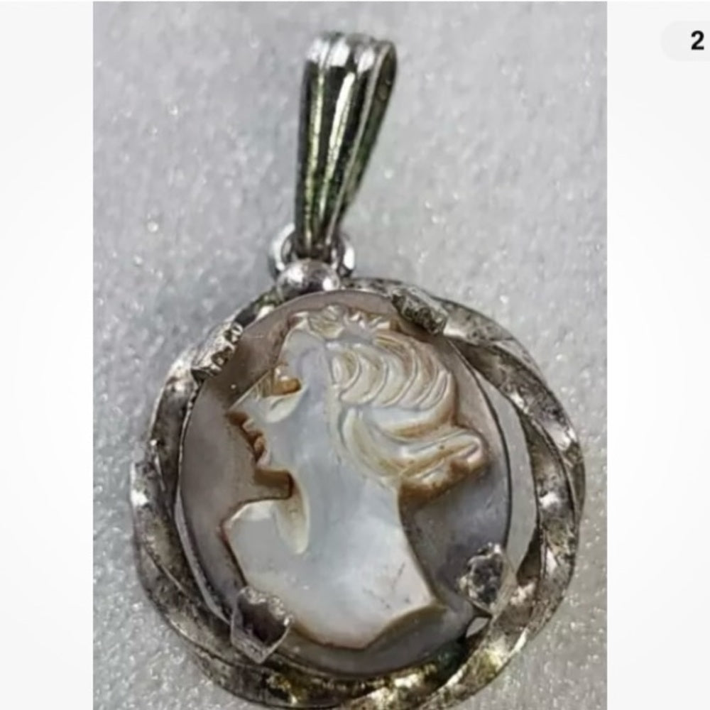 Antique Genuine Mother of Pearl Cameo - Sterling Pendant w/ 16in Sterling Chain