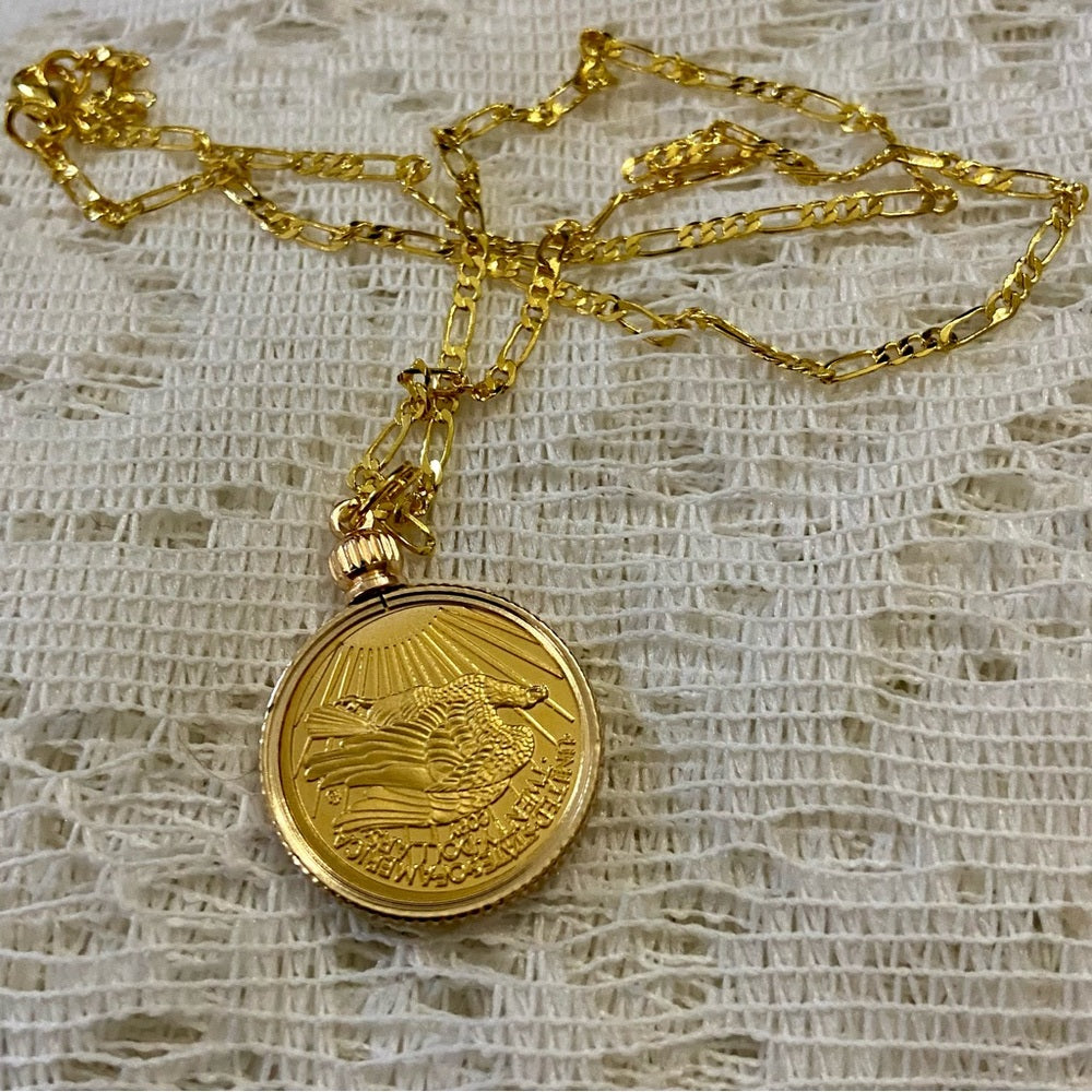 Standing Liberty/Twenty D Gold Plated Coin Pendant -18-in Gold Plated Necklace